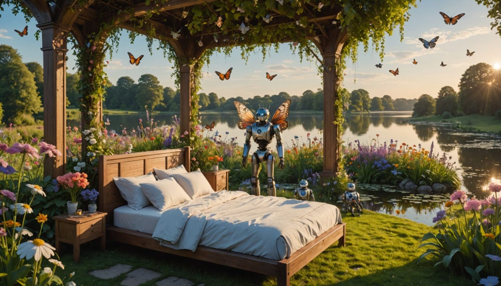 Hyperrealistic Robots in English Garden at Sunrise