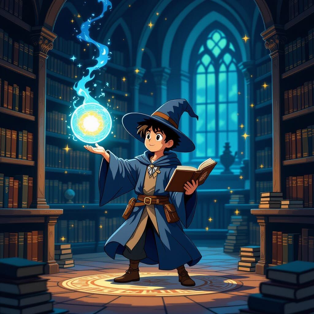 Young Wizard Training in Ghibli-Inspired Library