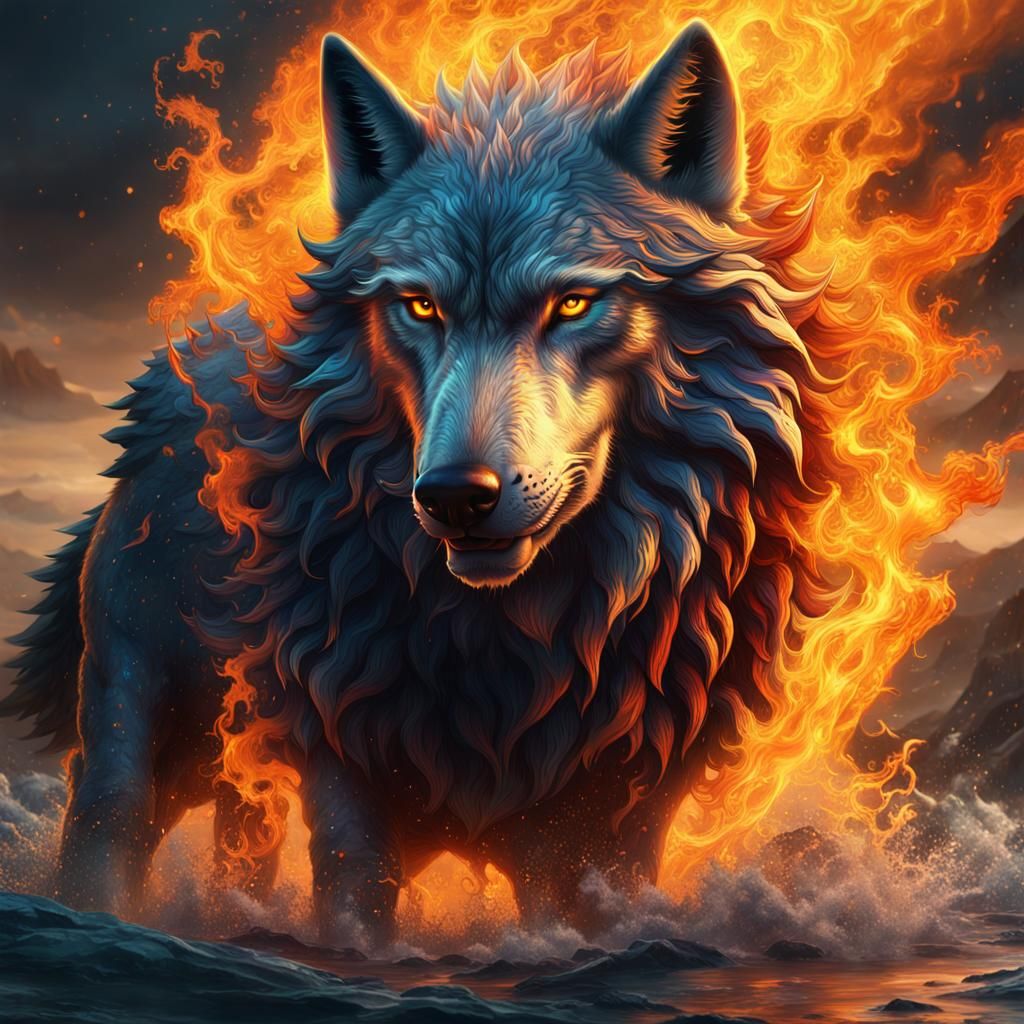 Fiery and Aqueous Wolf: Fantasy Concept Art