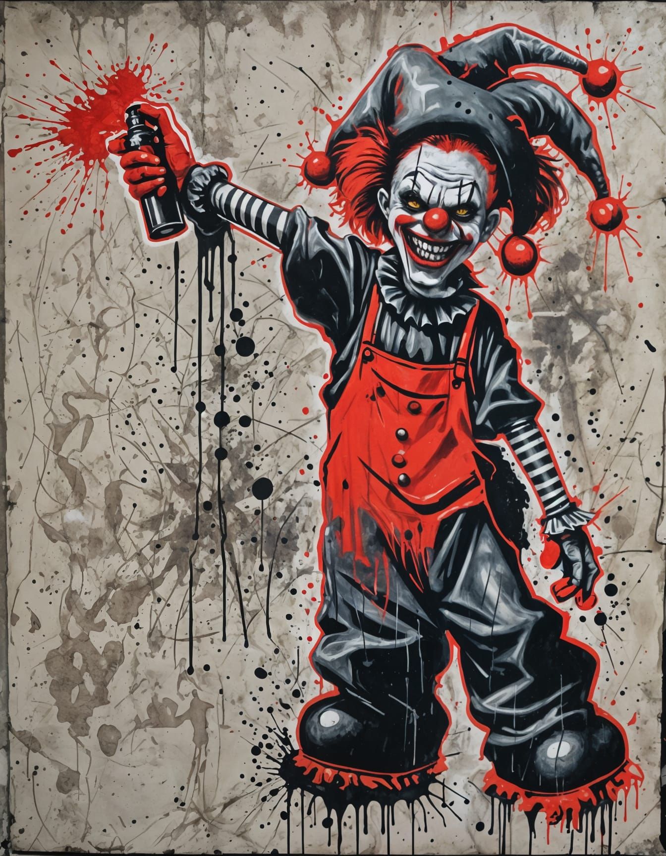 Sketched drawing of a Grunge wicked clown red and black holding spray paint, spray painting wall Sketchlab contrasting c...