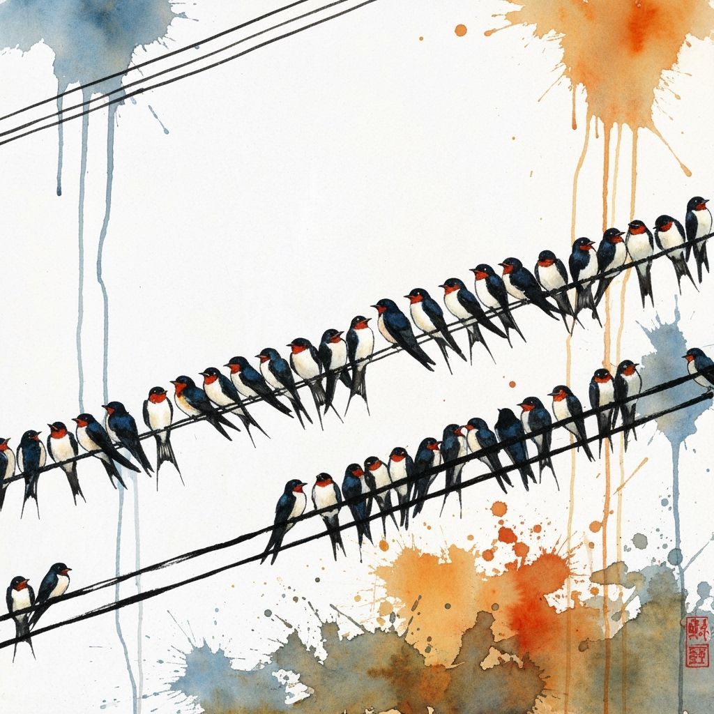 Swallows in Autumn Migration Splashy Ink Watercolour