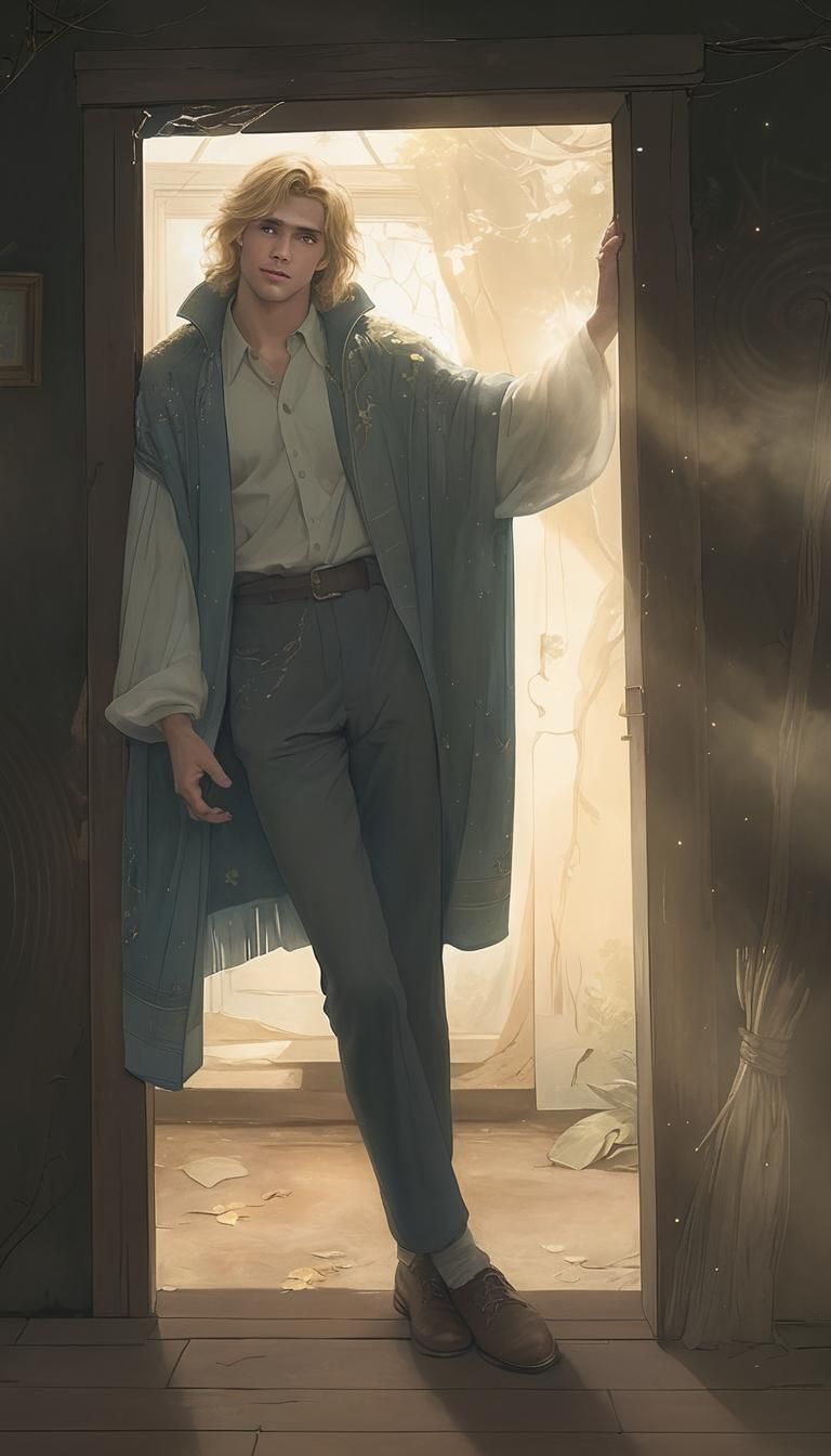 Ethereal Blonde Man in Mystical Forest as Oil Painting