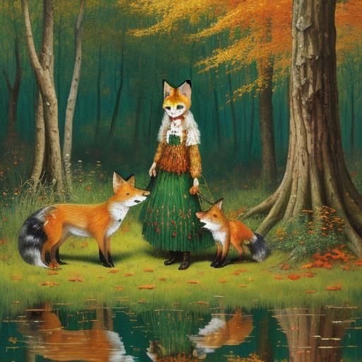 Autumn Fox in Forest, Mixed Media Illustration