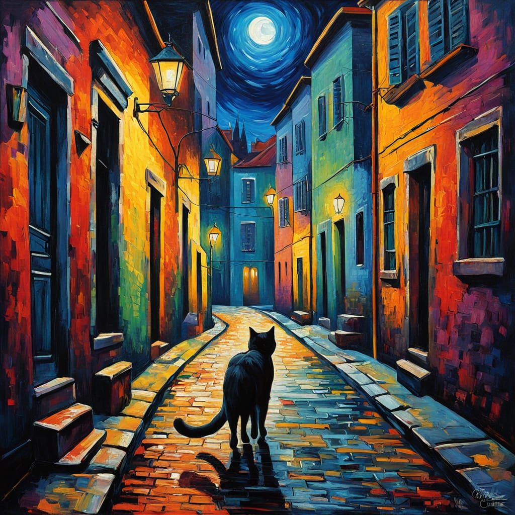 Moonlit City Alley in Neo-Impressionist Style