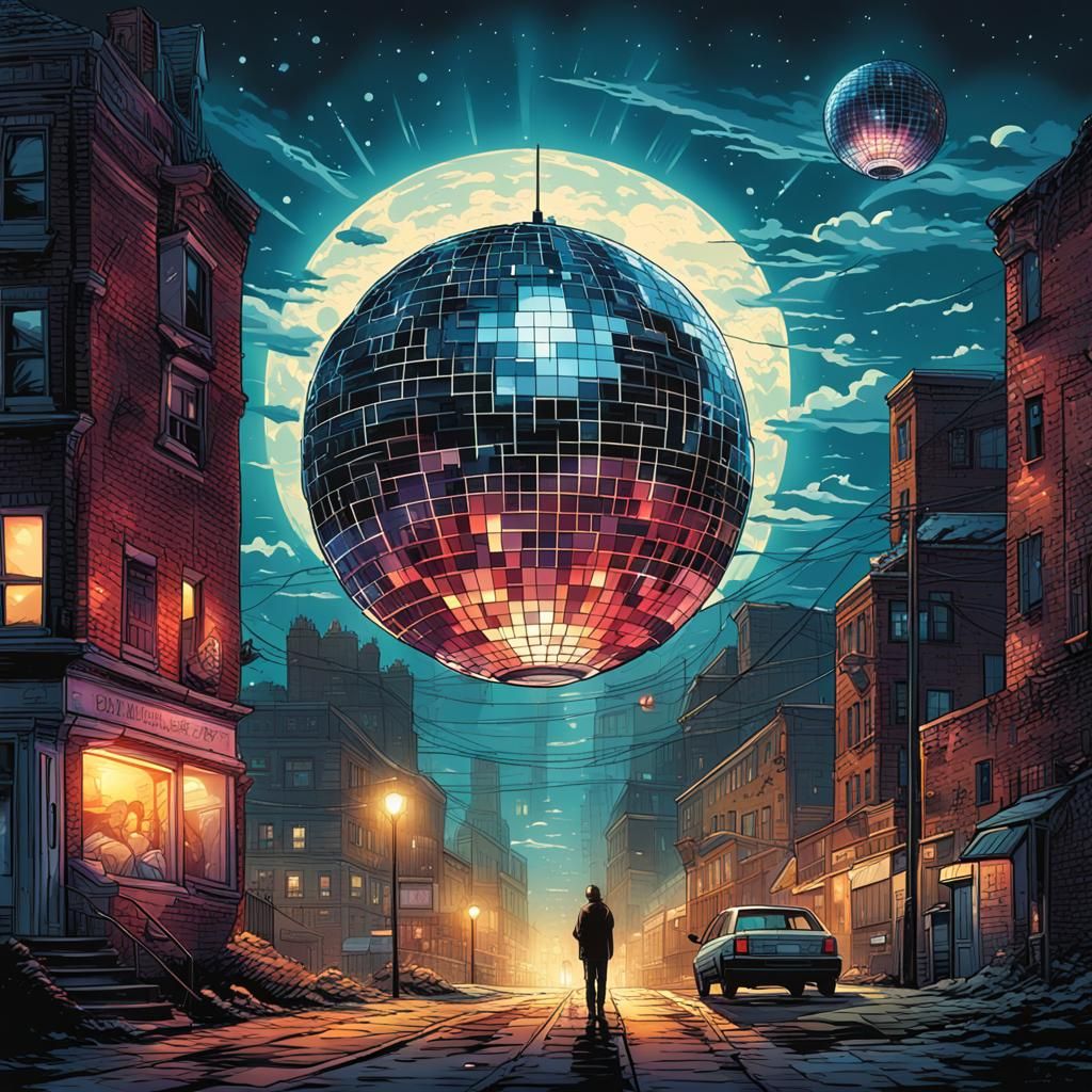 Urban Nightscape with Giant Disco Ball, Comic Book Art