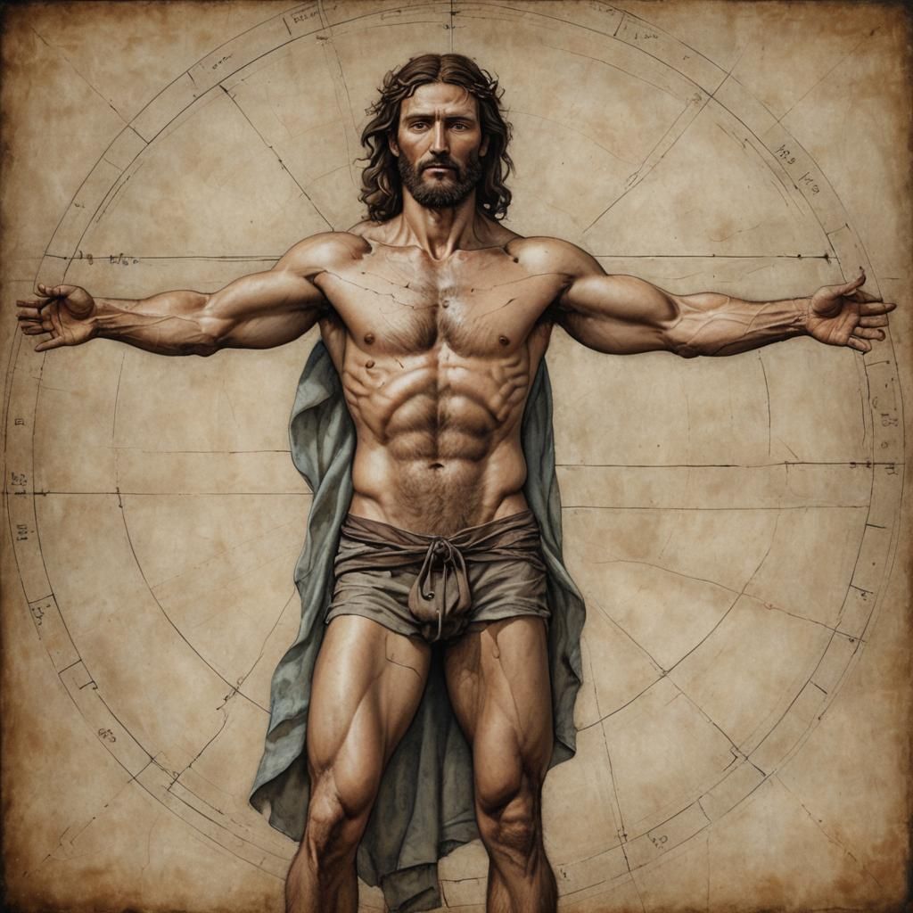 photorealistic modern handsome masculine Vitruvian real man, full colour modern photograph.