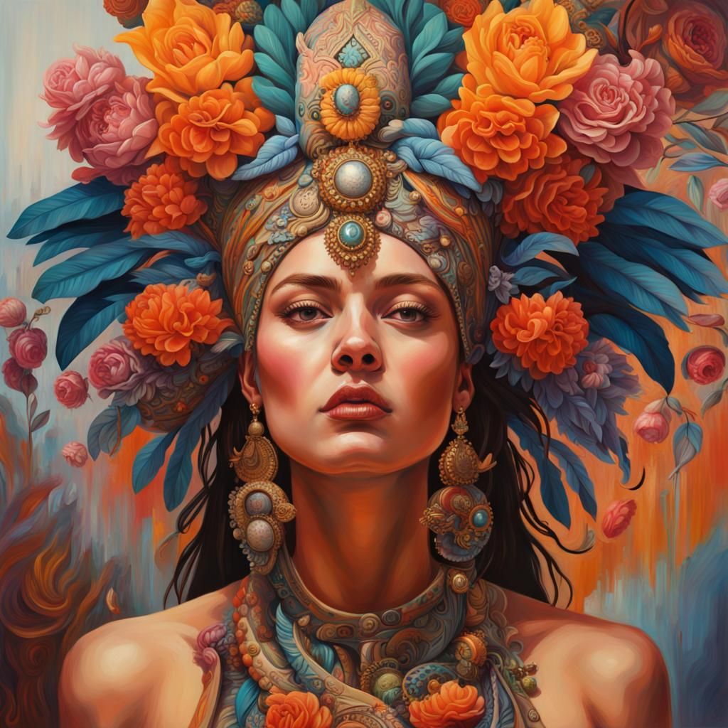 Maximalist Woman with Elaborate Headdress