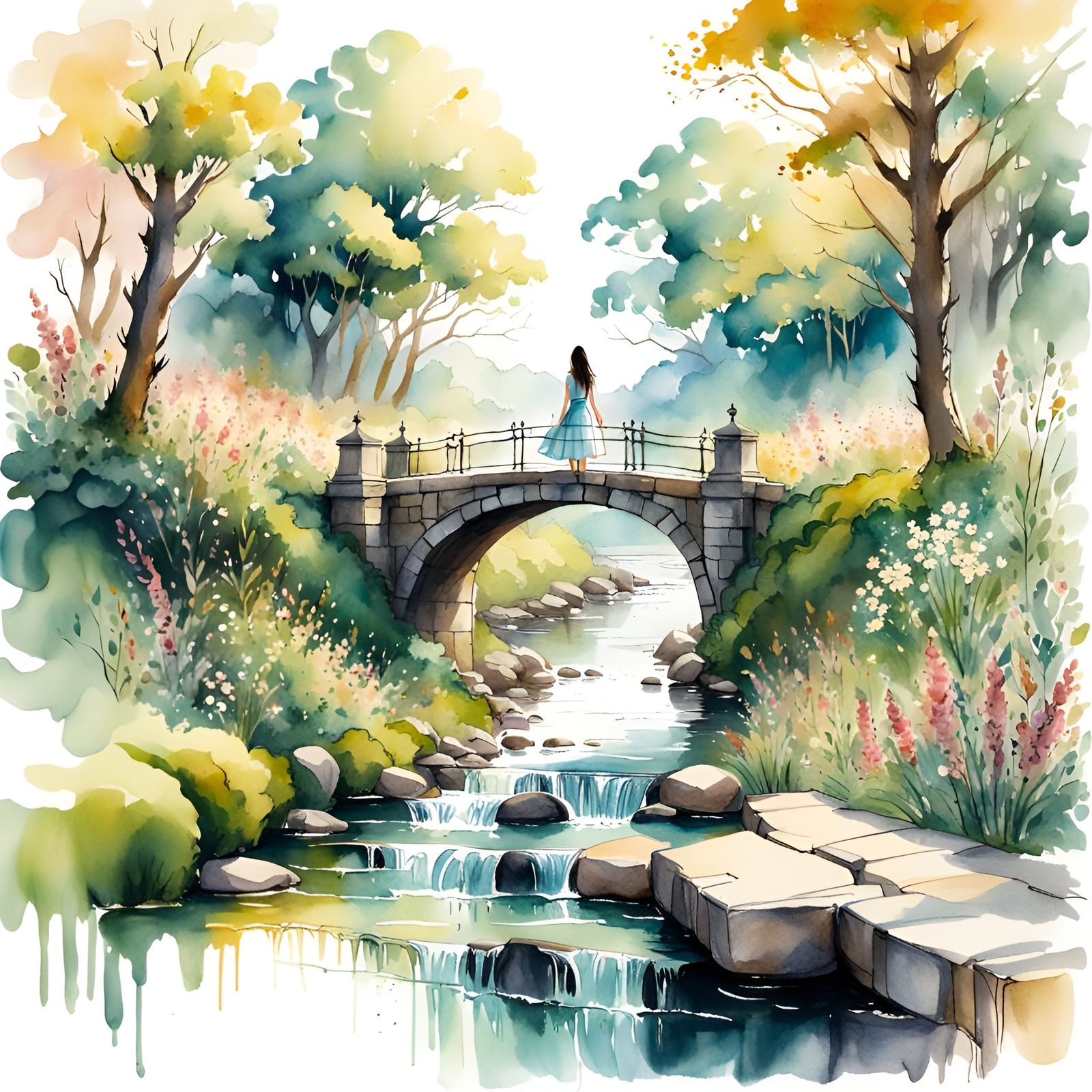 Woman on Stone Bridge: Watercolor Wonderland