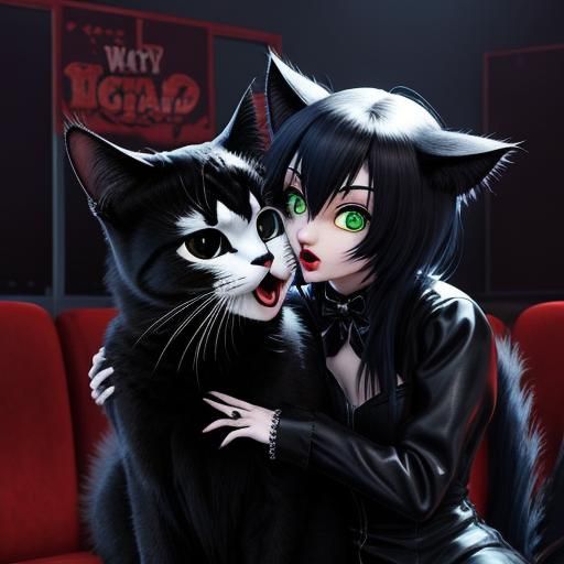 Gothic Girl and Black Cat in Anime Style
