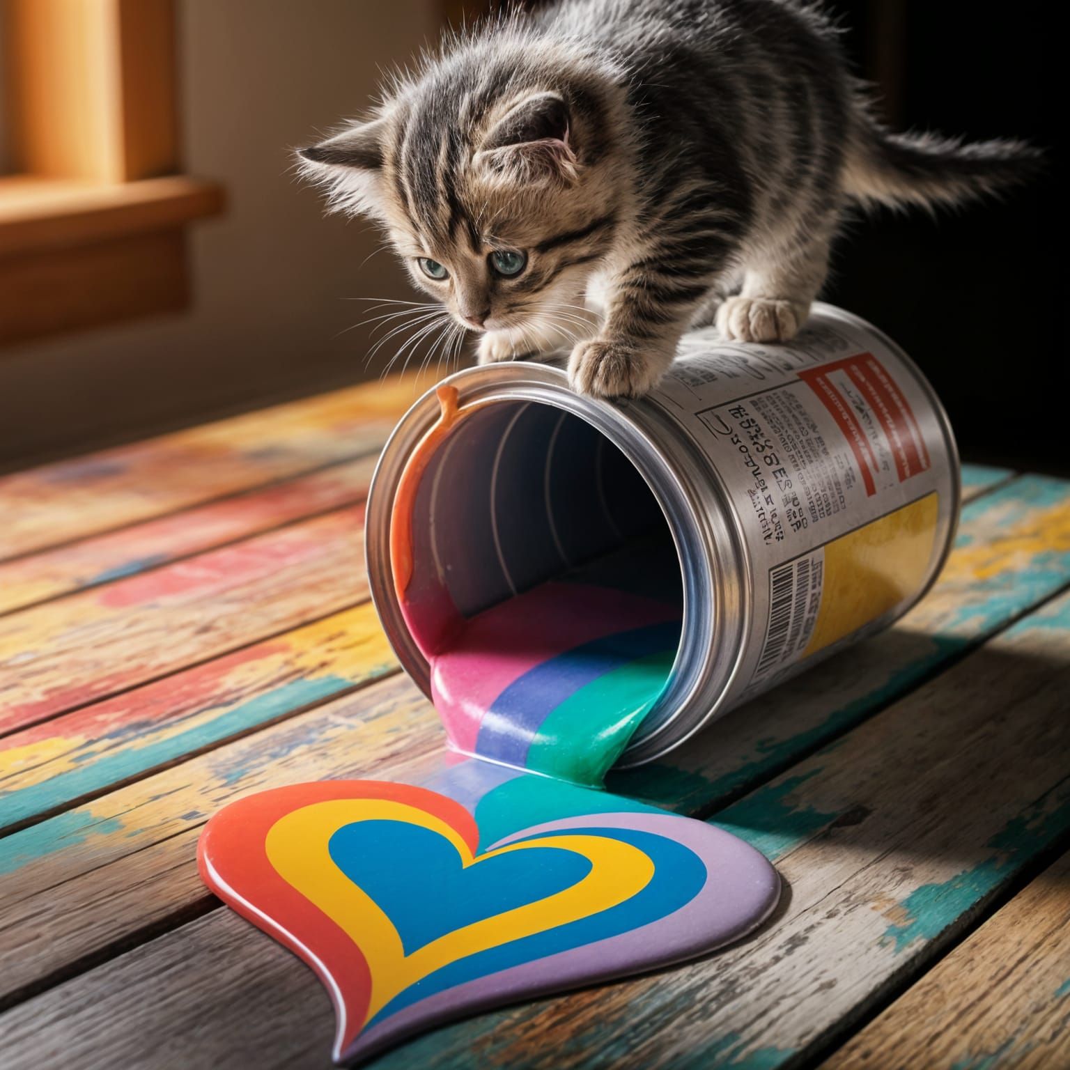 Whimsical Kitten Painted Heart Scene in Vibrant HDR