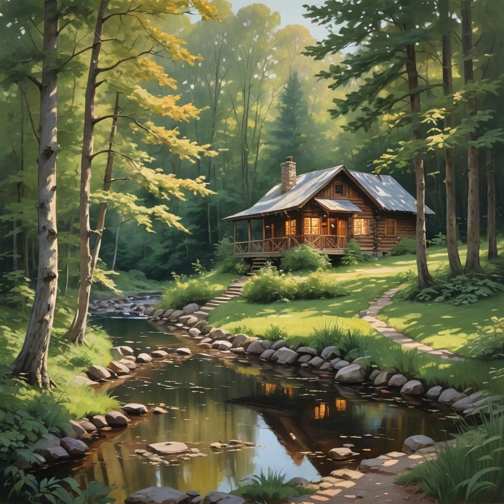 Cabin Landscape Painting with Lake and Stream