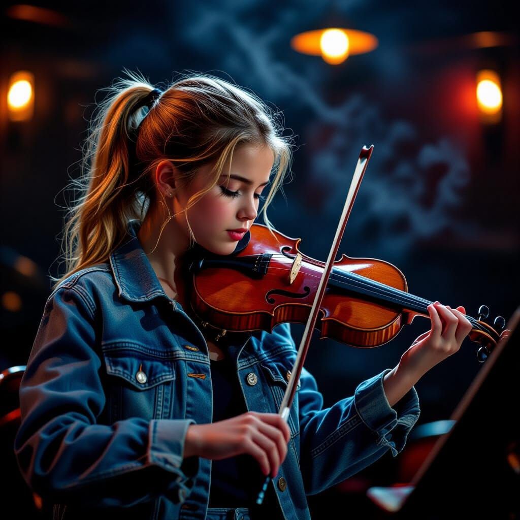 Teen Violinist in Smoky Jazz Bar