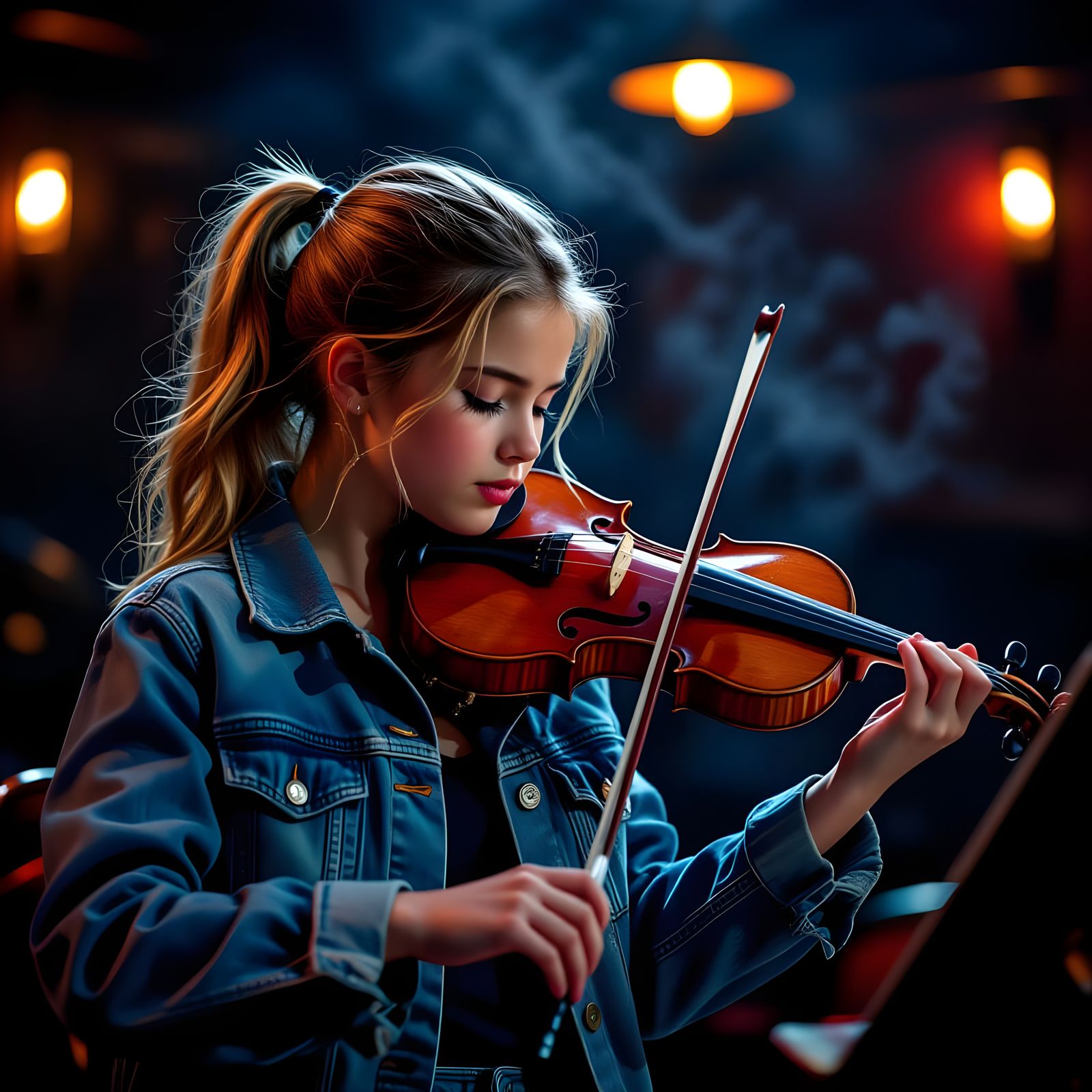 Teen Violinist in Smoky Jazz Bar