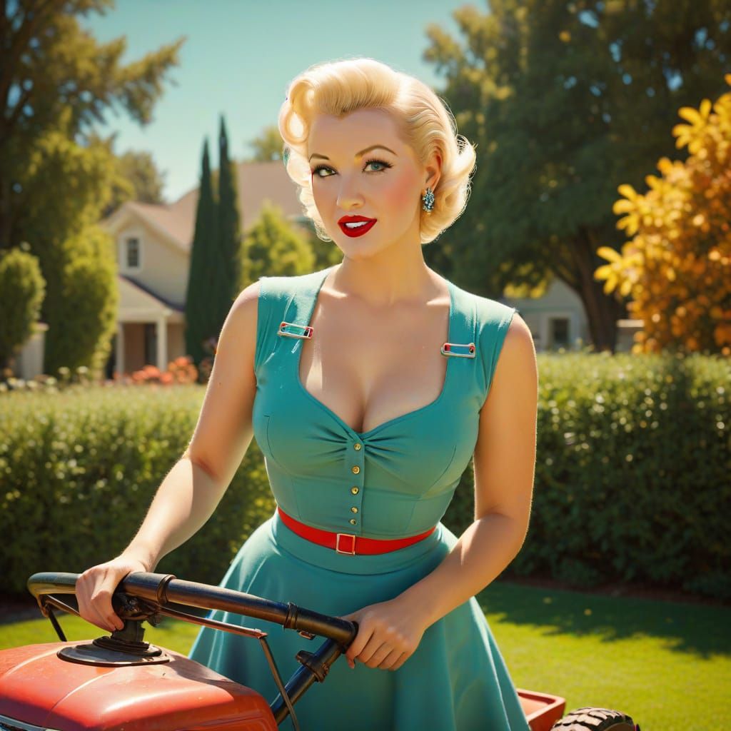 1940s pin up in the style of  Gil Elvgren featuring Betty Grable as the perfect (wife and mother:3) in her freshly mown ...