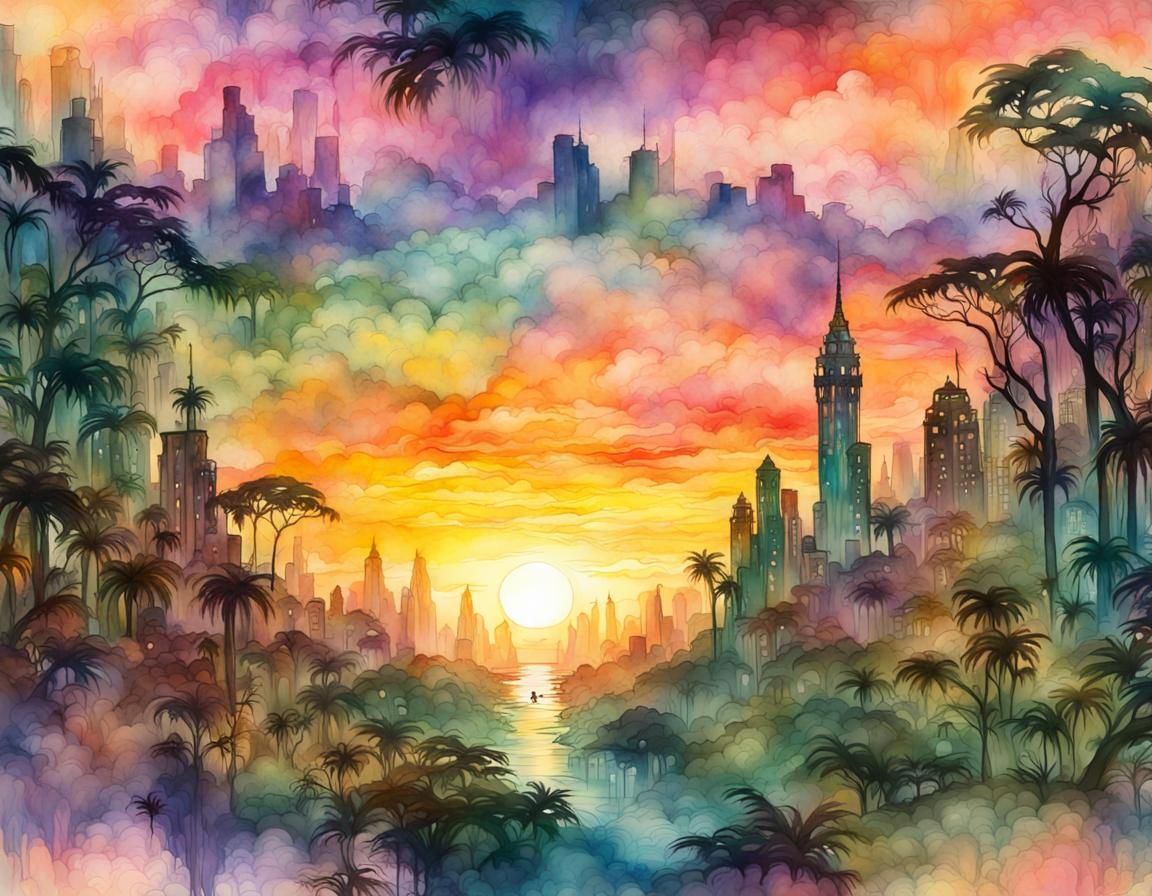 Fantasycore Jungle Cityscape Sunset Watercolor