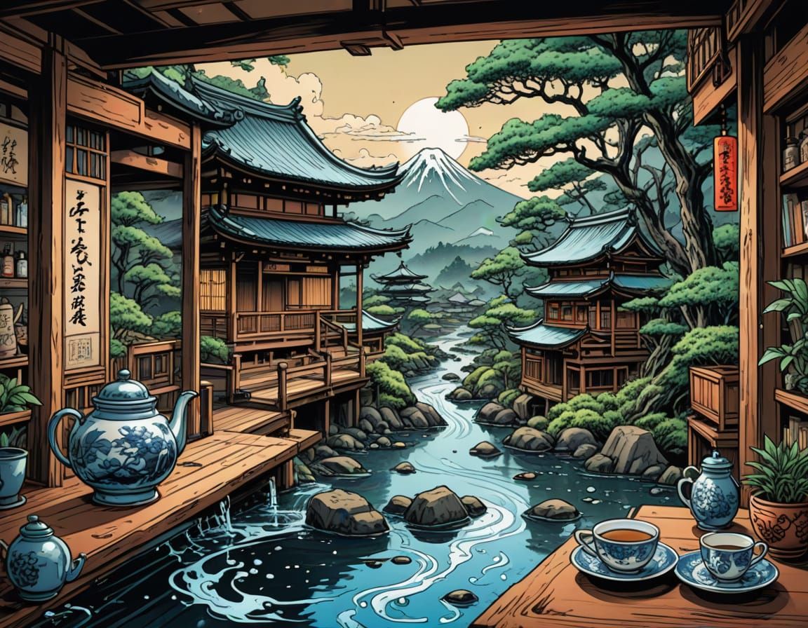 Traditional Japanese Tea House in Watercolor Ink