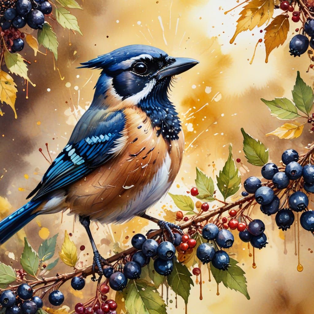 Jay Investigating Elderberries in Vibrant Watercolour