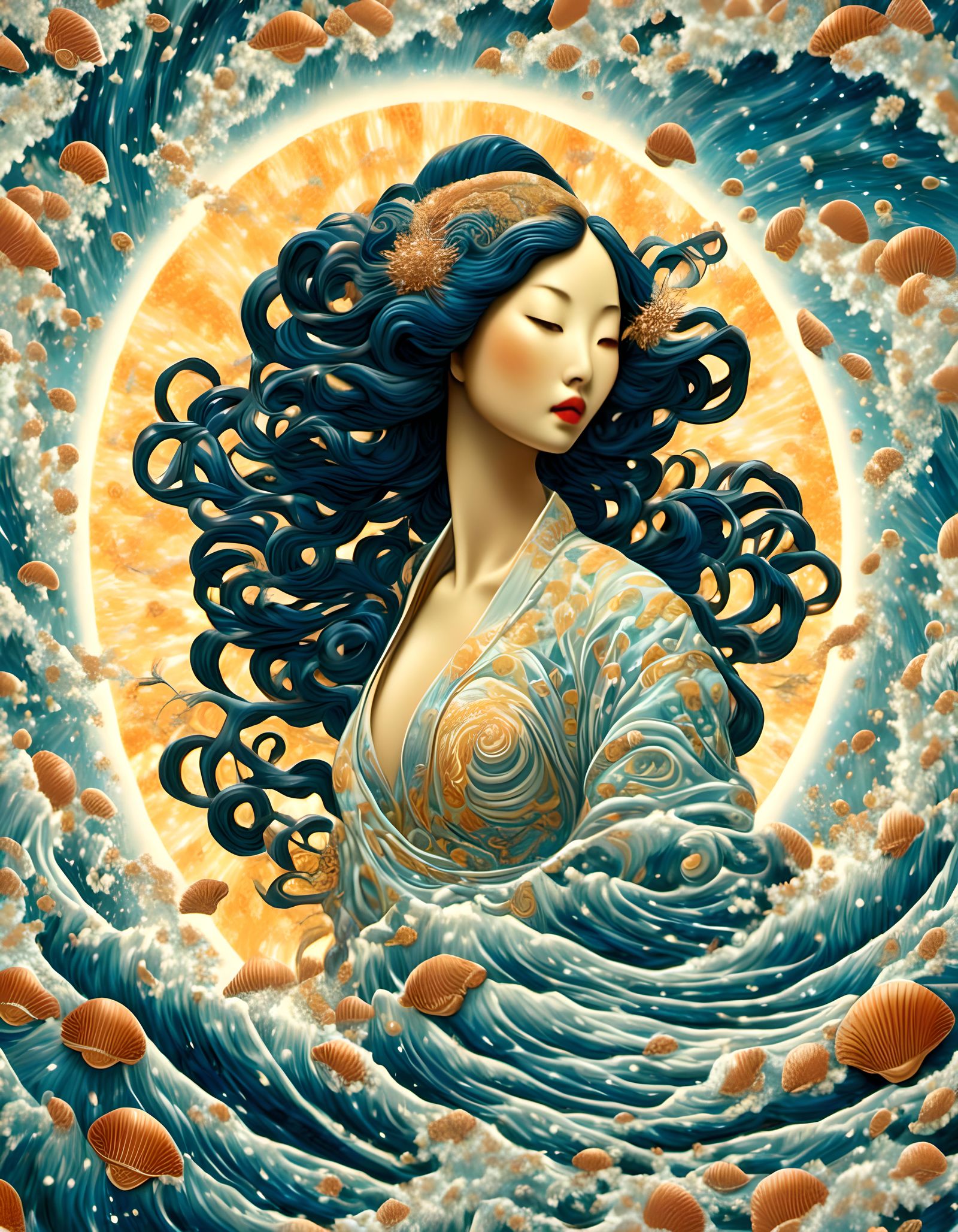 Celestial Asian Venus Emerging from Seashell