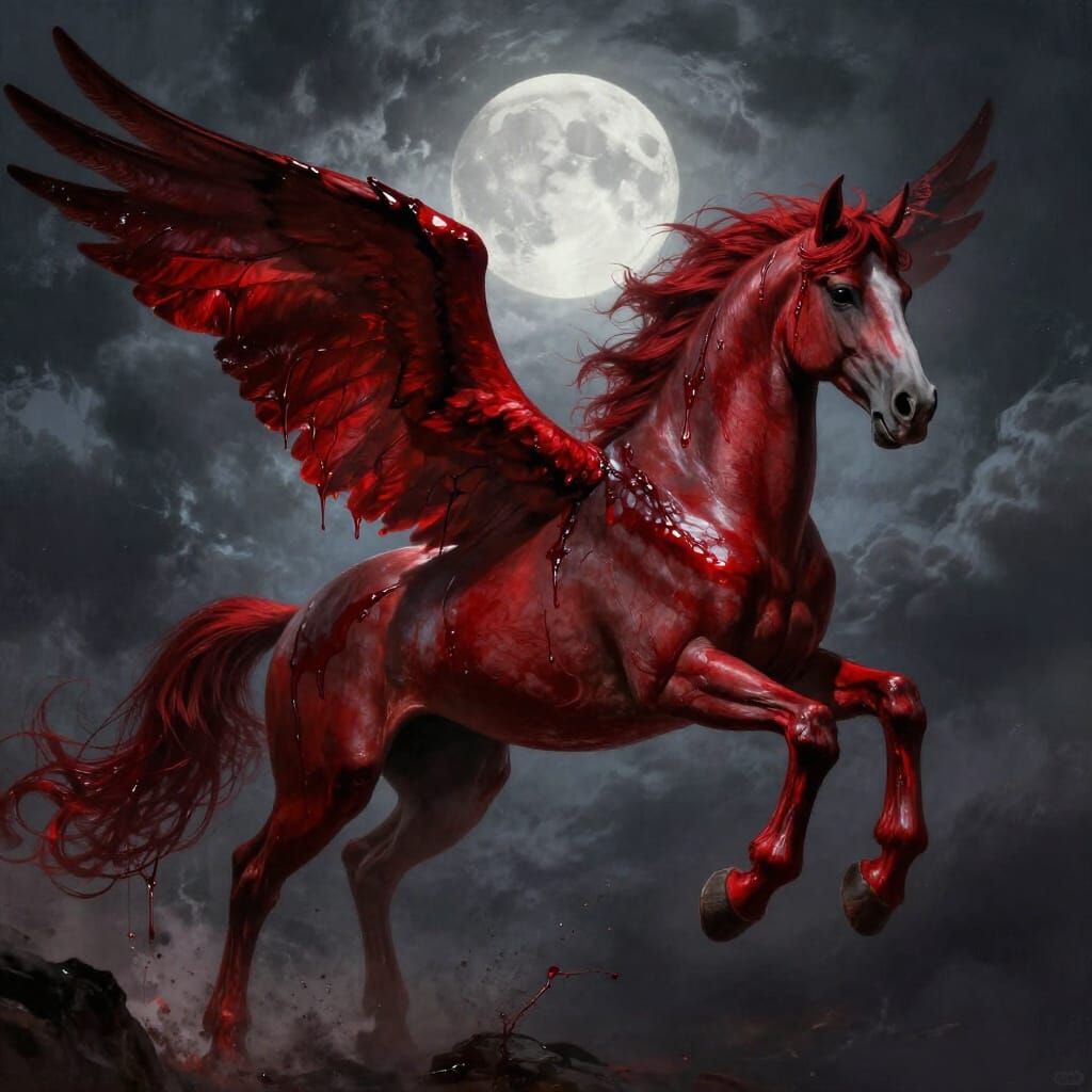 Crimson Blood Pegasus Soaring Through Stormy Sky