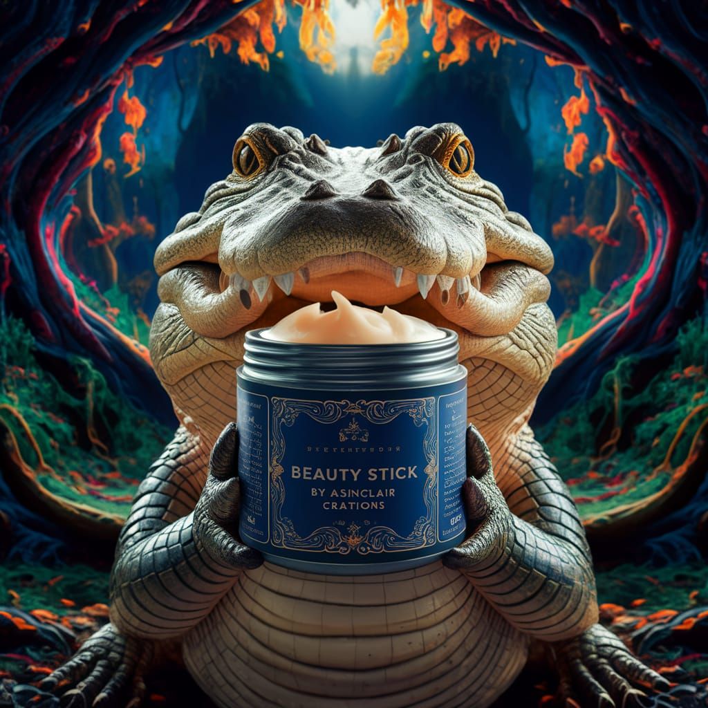 Alligator Holding Beauty Stick in a Surreal Forest