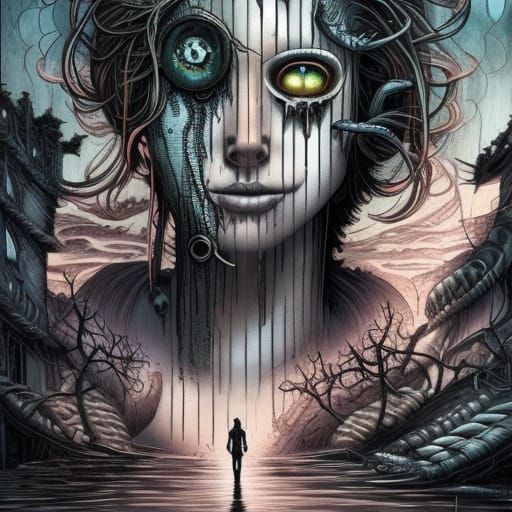 Surreal Floating Eyes over Decaying Town