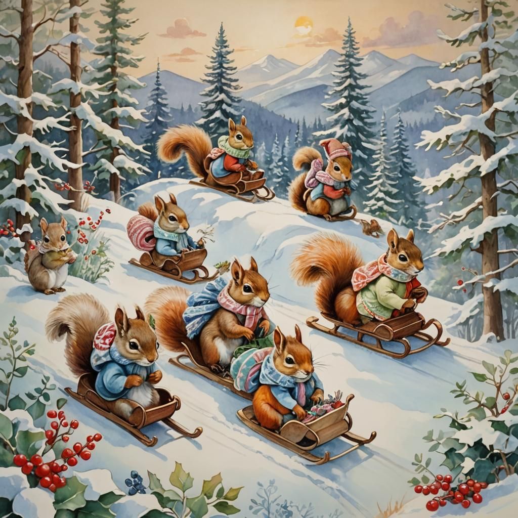 Squirrels Sledding Downhill in Pastel Colors