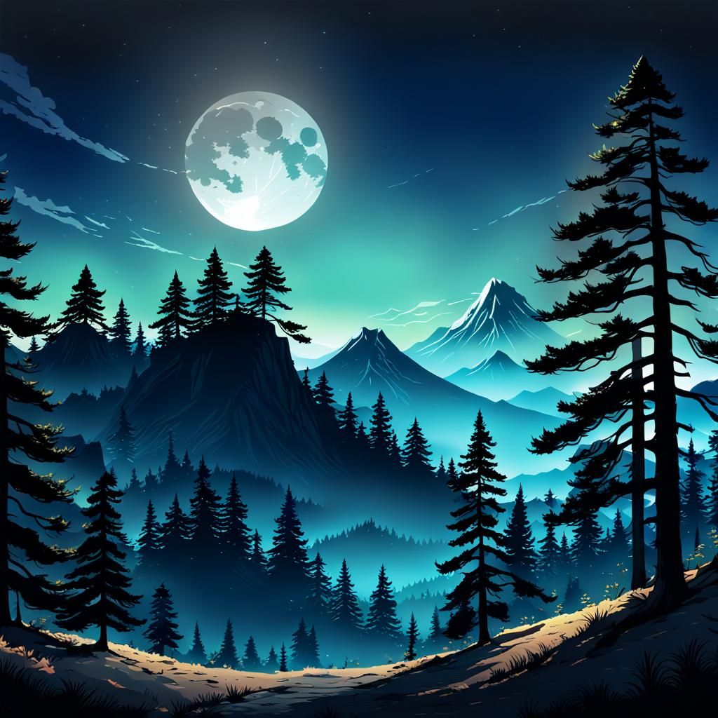 Cartoon Mountain Scene with Moon, Anime Style