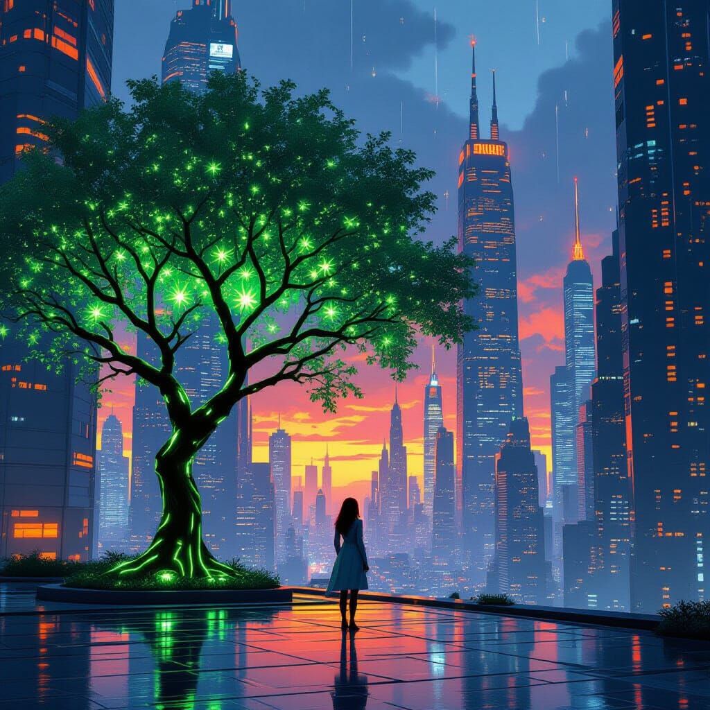 A futuristic city at night, neon green and orange lights reflecting, tree, magic and technology intertwined.
