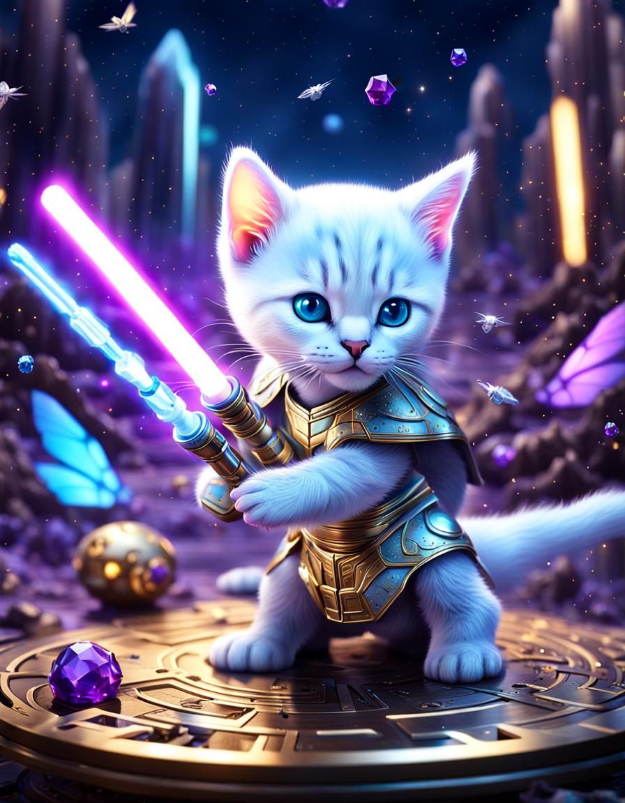 Cyberpunk Cat Warrior with Lightsaber in Hyperrealistic Styl...