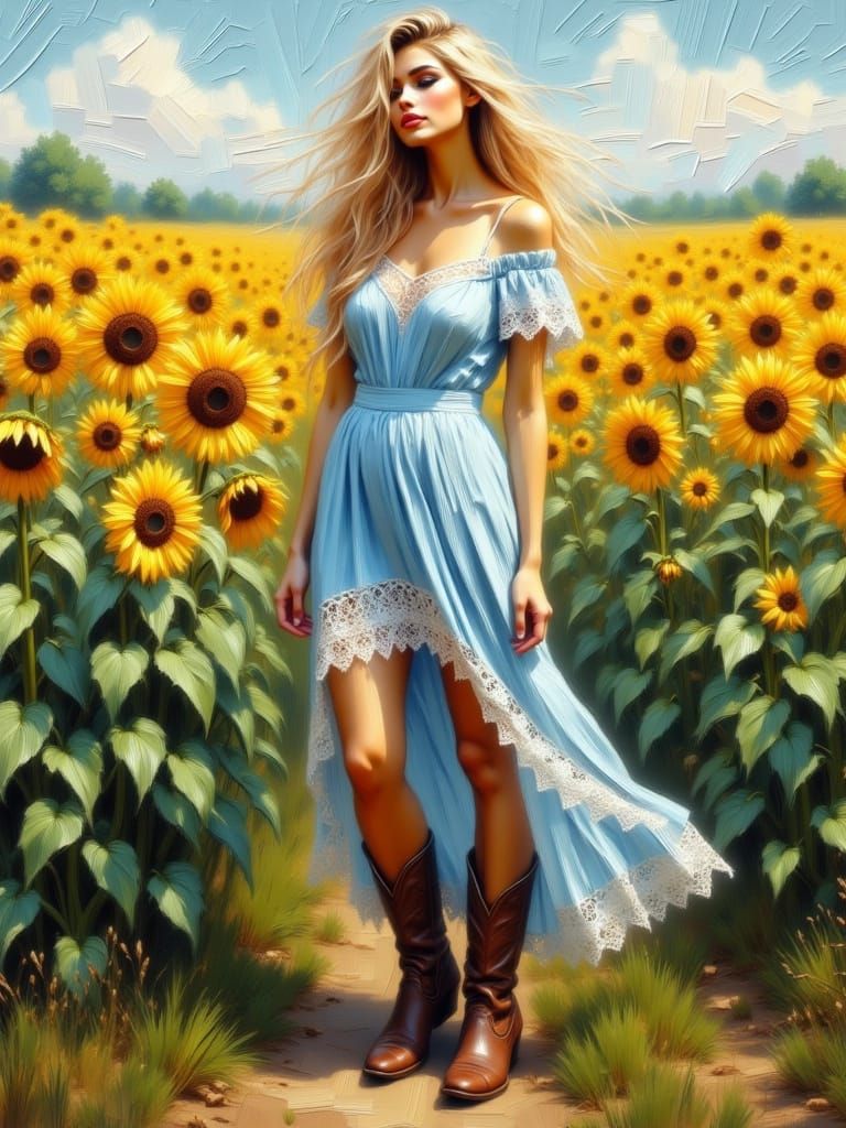 Beautiful Blonde Woman in Sunflower Field