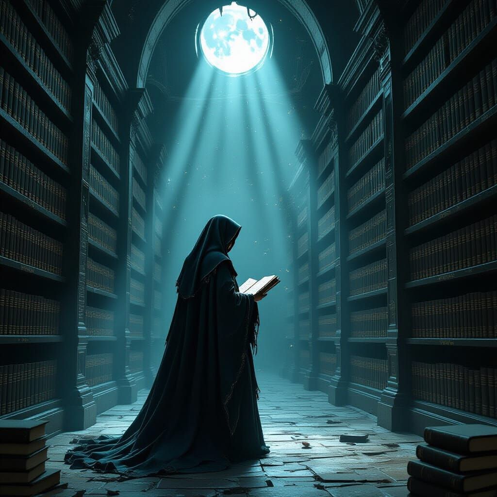 Nun in Ancient Library, Dark Fantasy Concept Art