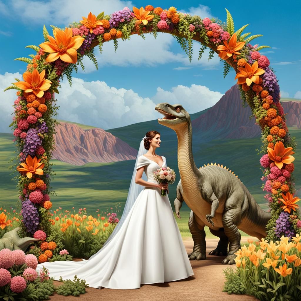 Dinosaur Bride in Prehistoric Wedding Scene