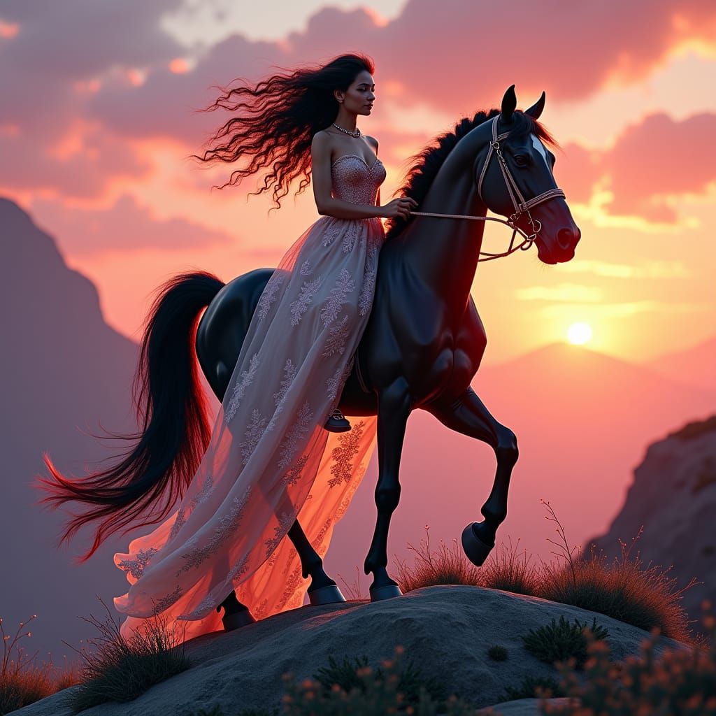 Woman on Horseback at Sunset: Hyperrealistic Concept Art