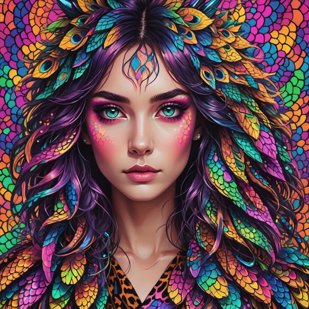 Synthwave Woman with Rainbow Dragon Scales