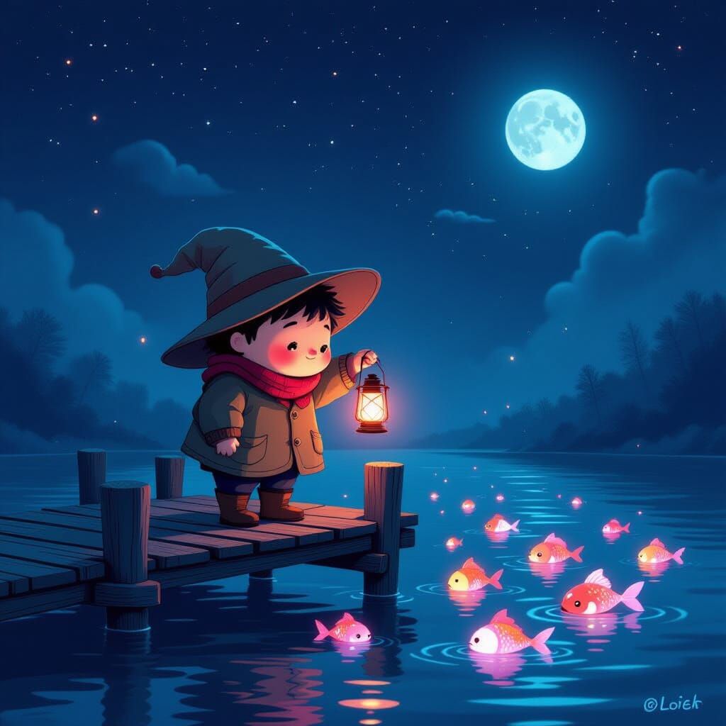 Chubby Fisherman's Eerie Pink Glow on Magical Pier