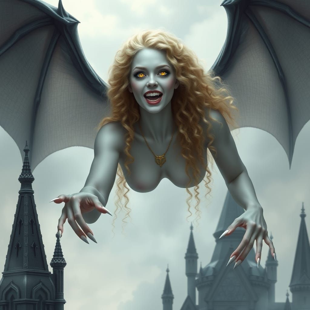 Vampire Harpy Soaring Over Moonlit Castle