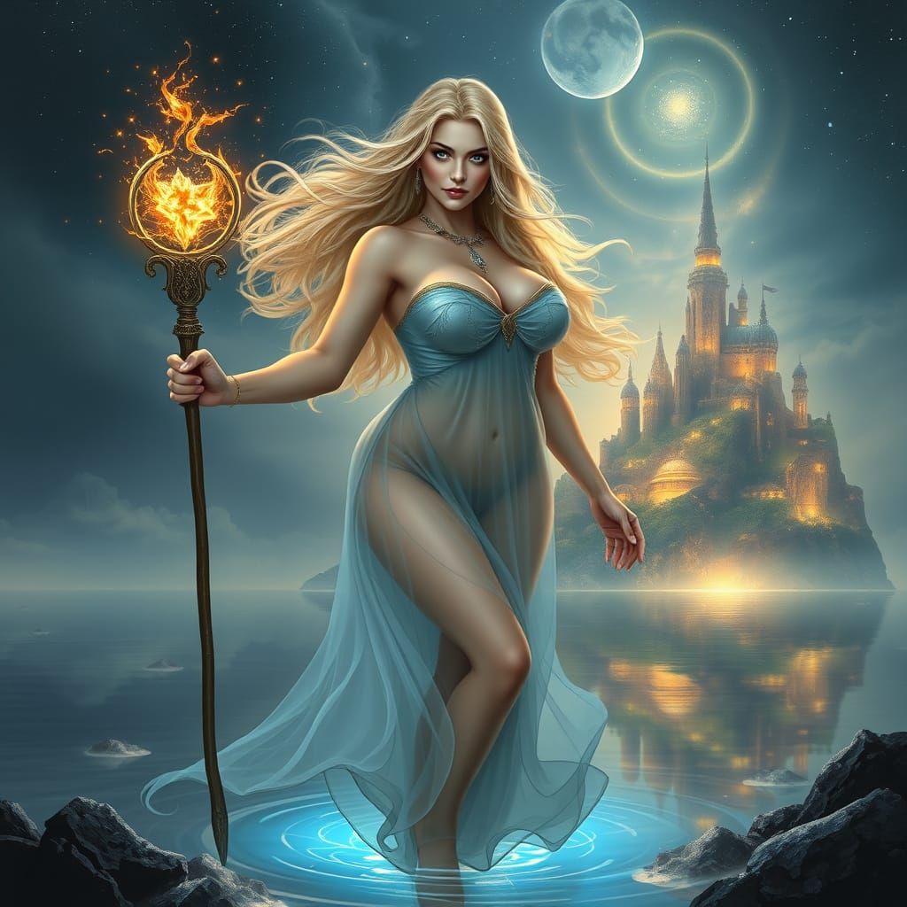 Celestial Sorceress Above Glowing Lake