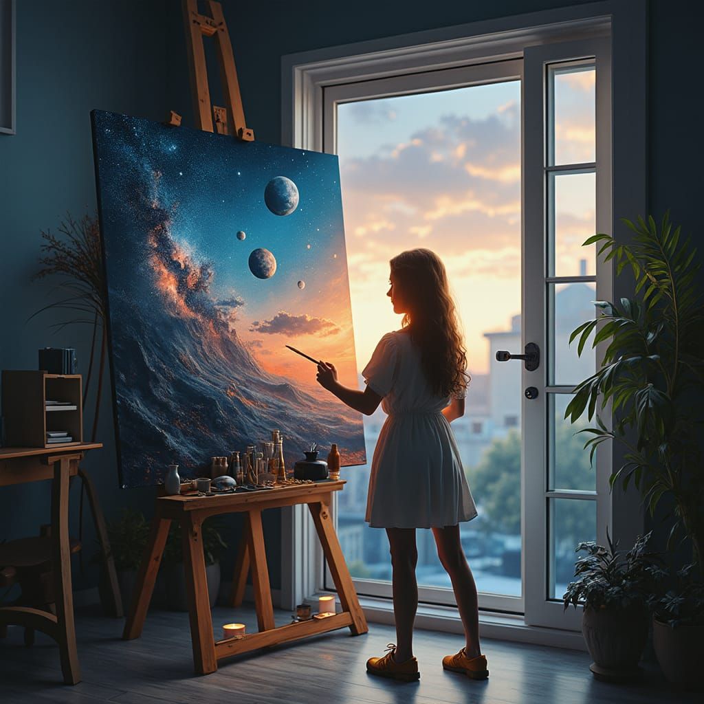 Highly detailed film still of an artist girl painting a scene with the world and universe of the Milky Way coming to lif...
