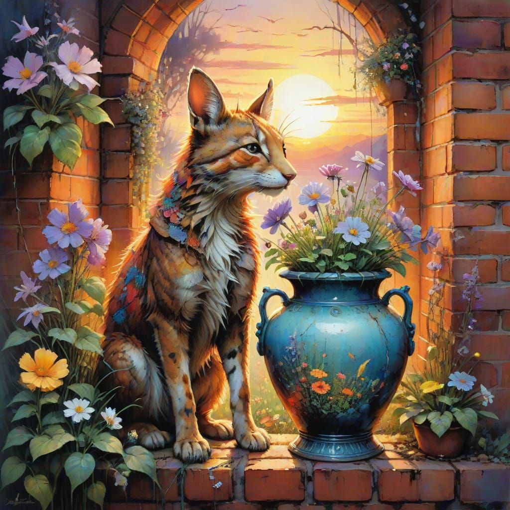 Dreamlike Dogs and Floral Fantasies in Vibrant Sunset Hues