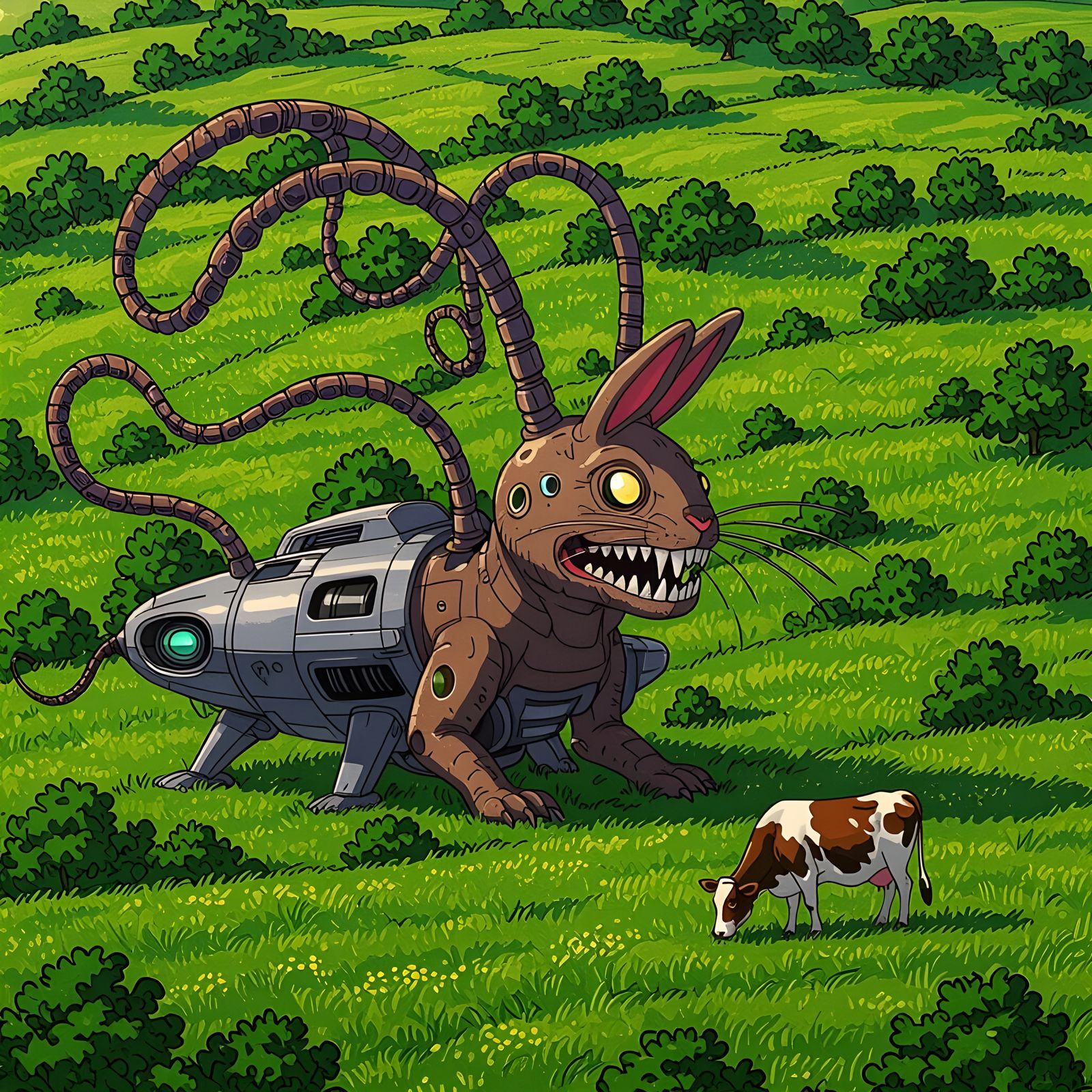 Alien Rabbit Observes Cow in Field