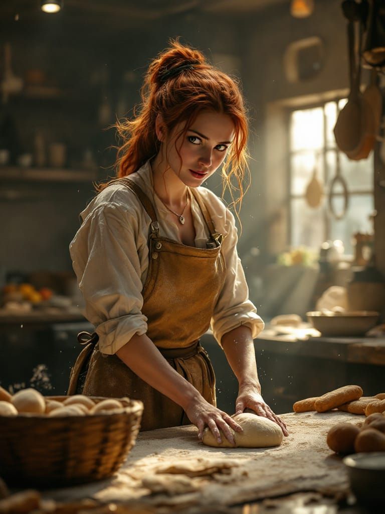 Redhead Baker Kneading Dough in Bustling Kitchen
