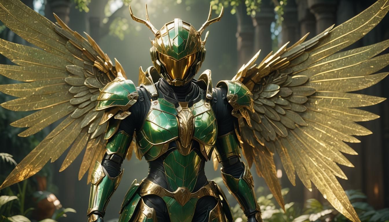 Heroic Schlumpf in Green-Gold Armor with Iridescent Wings