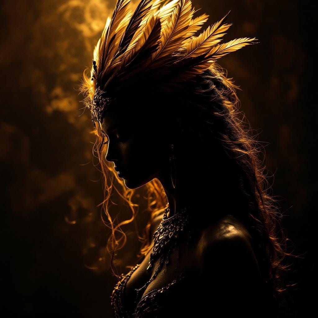 Gothic Goddess Silhouette with Golden Feather Adornments