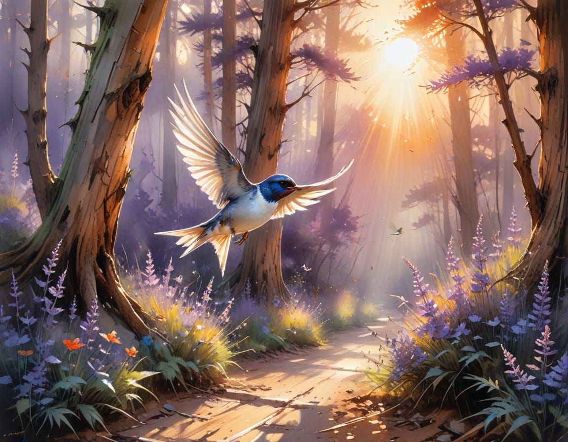 Swallow in Cedar Forest: Watercolour Art