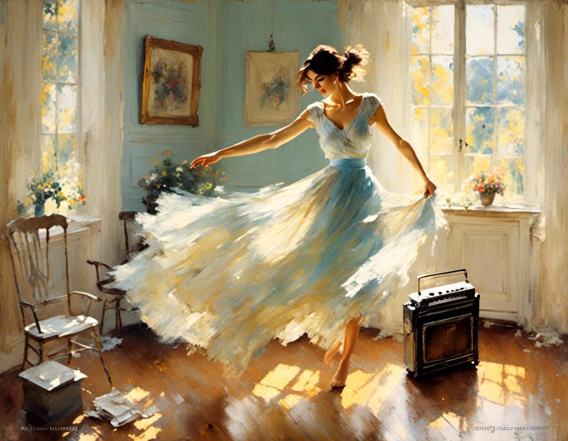 Woman Dancing on Porch in Impressionistic Style