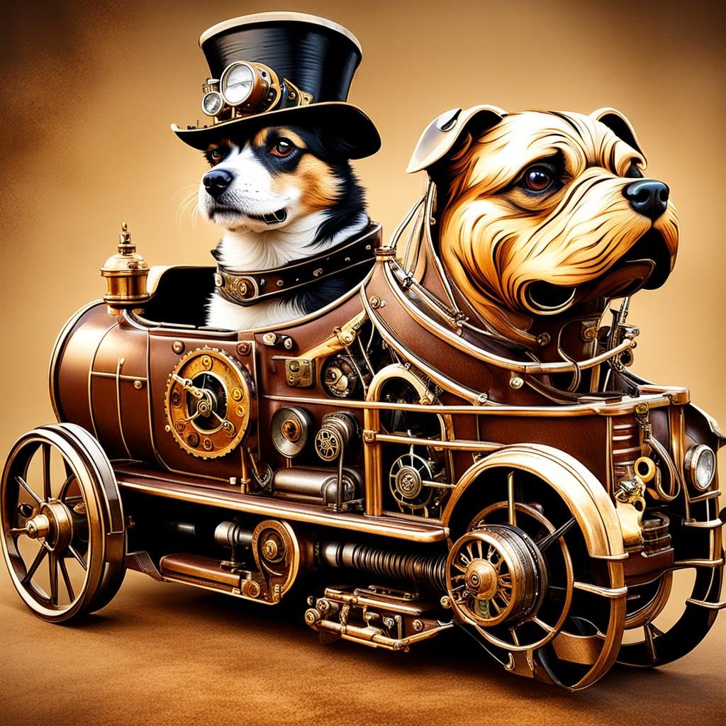 Steampunk Dog Drives Car with Engine