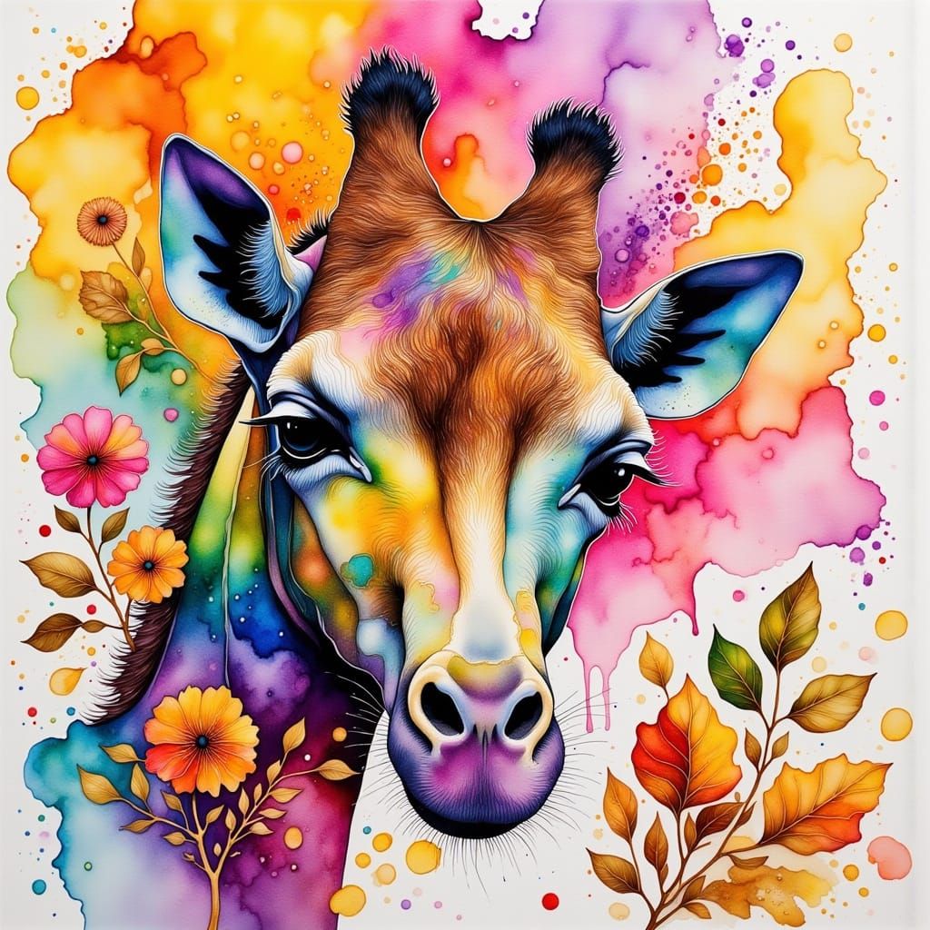 Whimsical Brown Giraffe in Vibrant Alcohol Ink Colors