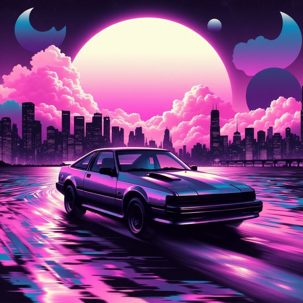 Retro-Futuristic 1984 Toyota Celica Drives into Neon Sunset