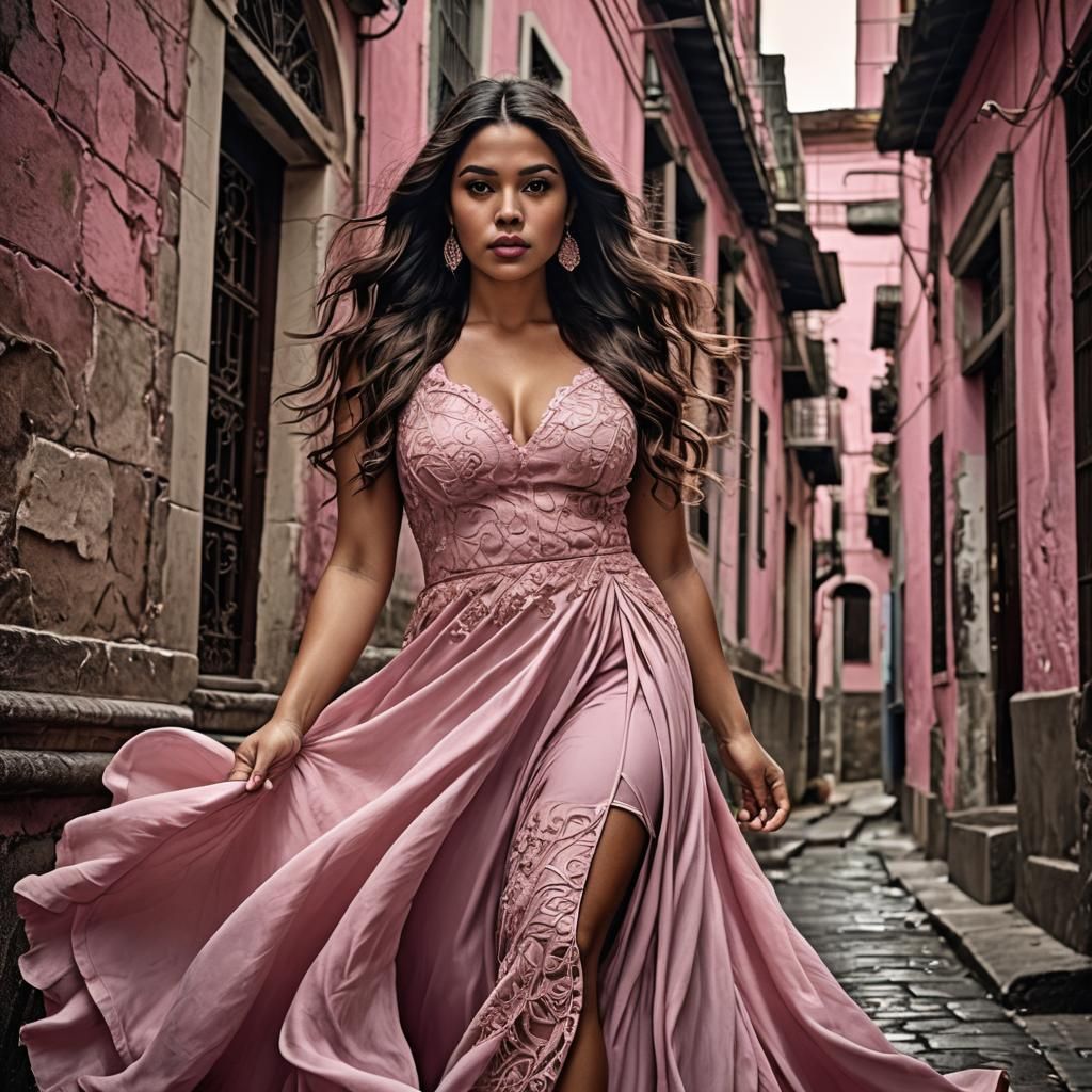 Voluptuous Puerto Rican Woman in Flowing Pink Dress
