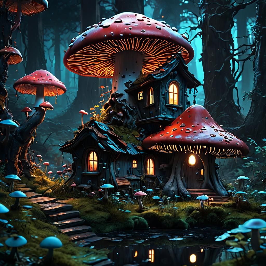Enchanted Mushroom House in Bioluminescent Forest